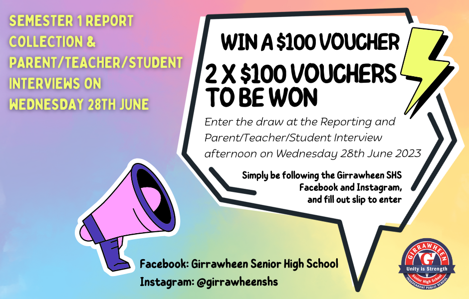 You are currently viewing Win $100 gift card at Parent/Teacher/Student Interviews Wednesday 28th June